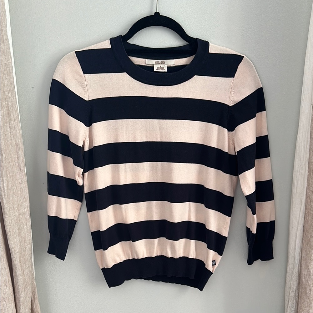 Michael Michael Kors Silk-Blend Striped Sweater In Navy/Pink, Size M
